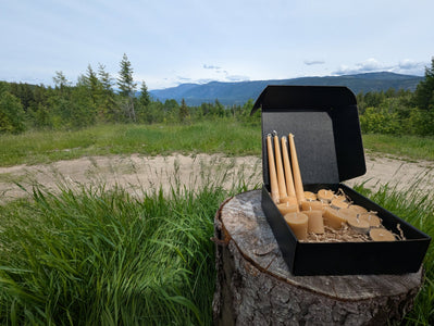 LOONMOON Premium Beeswax Candle Box displayed outdoors in British Columbia with tapers, votives, and tealights in a black gift box.