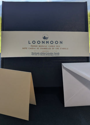LOONMOON Premium Beeswax Candle Box with minimalist black gift box, belly band, blank greeting card, and envelope.