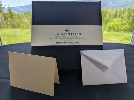 LOONMOON Premium Beeswax Candle Box with minimalist black gift box, belly band, blank greeting card, and envelope.
