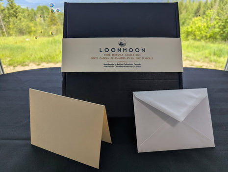 LOONMOON Core Beeswax Candle Box with minimalist black gift box, belly band, blank greeting card, and envelope.