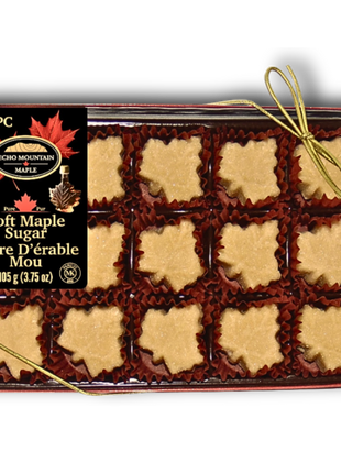 Soft maple sugar gift box made from pure Canadian maple syrup, maple leaf shaped pieces in a gift-ready package