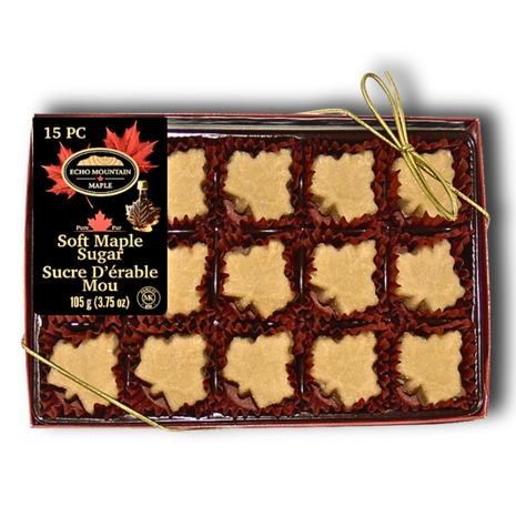 Soft maple sugar gift box made from pure Canadian maple syrup, maple leaf shaped pieces in a gift-ready package