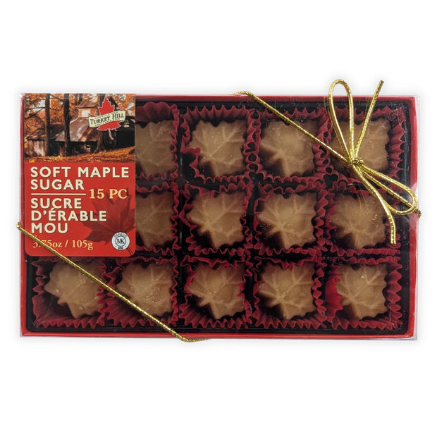 Front view of the Turkey Hill Soft Maple Sugar Candy 15-piece gift box made with pure Canadian maple syrup.  The retail packaging is shown on a clean white background, highlighting the premium gift presentation, bilingual labeling, and authentic Canadian maple candy inside.
