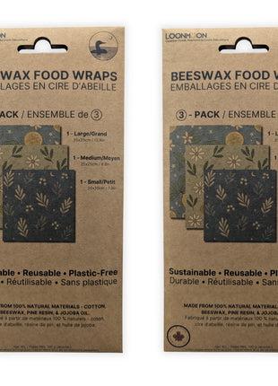 Front view of two premium 3-pack reusable beeswax food wrap packages made in Canada, displayed on a clean white background to highlight the retail packaging and bilingual labeling.  Sustainable plastic-free food wraps made from cotton, Canadian beeswax, pine resin, and jojoba oil, designed for natural food storage and eco-friendly kitchen use.