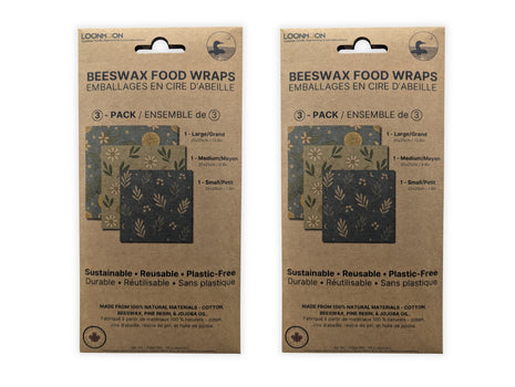 Front view of two premium 3-pack reusable beeswax food wrap packages made in Canada, displayed on a clean white background to highlight the retail packaging and bilingual labeling.  Sustainable plastic-free food wraps made from cotton, Canadian beeswax, pine resin, and jojoba oil, designed for natural food storage and eco-friendly kitchen use.