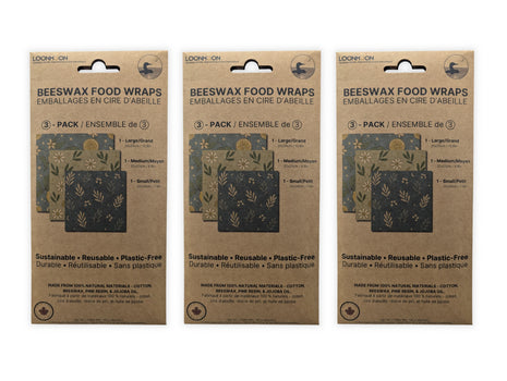 Three premium 3-pack reusable beeswax food wrap packages made in Canada displayed on a clean white background to demonstrate the complete 9-wrap collection.  Plastic-free food storage wraps made from cotton, Canadian beeswax, pine resin, and jojoba oil, offering a sustainable alternative to plastic wrap for storing bread, cheese, fruit, vegetables, and leftovers.