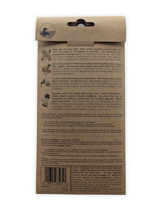Back of the LOONMOON reusable beeswax food wraps package showing care instructions, ingredients, safety information, and product details in English and French.  Canadian-made beeswax food wraps with simple cleaning instructions and reusable food storage guidance for long-lasting eco-friendly kitchen use.