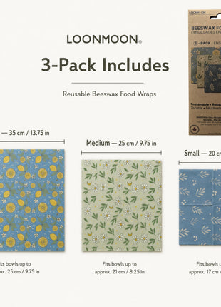 A minimalist size guide compares the large 35 cm, medium 25 cm, and small 20 cm reusable beeswax food wraps included in the 3-pack.  The graphic also provides approximate maximum bowl diameters for each wrap size, with fit depending on the bowl’s shape and rim.