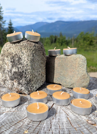 Twelve natural beeswax tealights are displayed across a weathered stump and arranged around two large stones with a forested British Columbia mountain landscape behind them.  The outdoor scene combines a clear view of the full candle set with LOONMOON’s rural Canadian setting and the warm, natural character of beeswax.