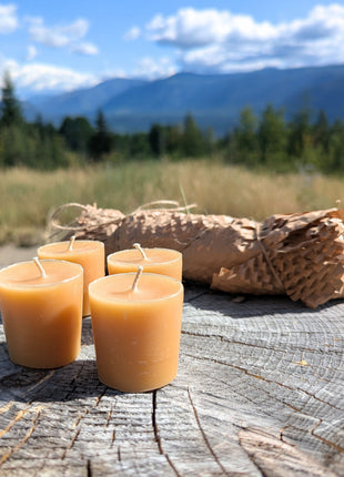 Four beeswax votive refill candles displayed with their kraft-wrapped four-pack on a weathered tree stump, photographed outdoors against a softly blurred British Columbia mountain landscape.  The natural setting highlights the candles’ warm beeswax colour and simple rustic presentation.