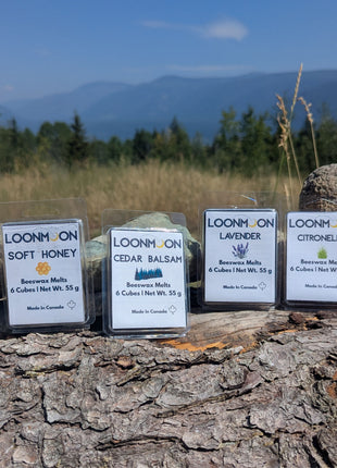 Six LOONMOON beeswax melt clamshells in Clean Linen, Soft Honey, Cedar Balsam, Lavender, Citronella, and Vanilla scents displayed outdoors against a British Columbia mountain backdrop.  The complete six-scent wax melt collection is shown in clear 55 g packages, highlighting the variety included in this Canadian-made bundle.