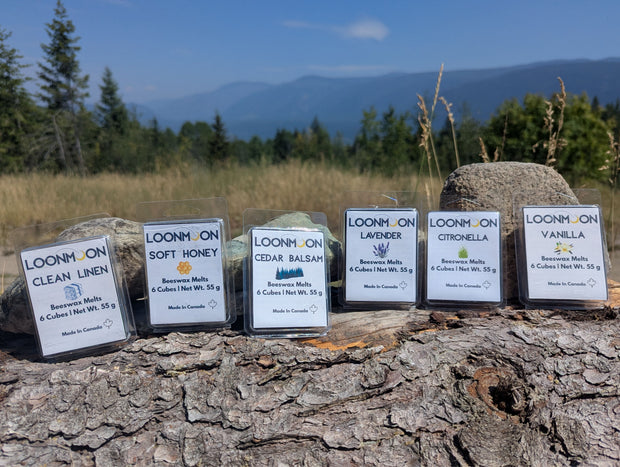 Six LOONMOON beeswax melt clamshells in Clean Linen, Soft Honey, Cedar Balsam, Lavender, Citronella, and Vanilla scents displayed outdoors against a British Columbia mountain backdrop.  The complete six-scent wax melt collection is shown in clear 55 g packages, highlighting the variety included in this Canadian-made bundle.