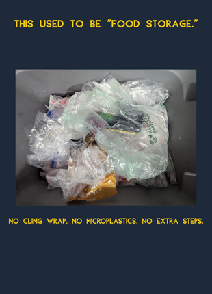 Bin filled with discarded single-use plastic bags and cling wrap, showing food storage plastic waste that reusable, plastic-free LOONMOON beeswax wraps can replace.