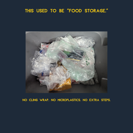 Bin filled with discarded single-use plastic bags and cling wrap, showing food storage plastic waste that reusable, plastic-free LOONMOON beeswax wraps can replace.