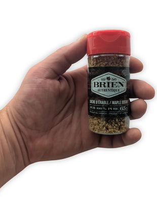 This image shows a Brien Authentique maple sugar shaker being held in one hand against a light background.  The photo gives a clear sense of the shaker’s size while also showing the front product label, red lid, and the texture of the maple sugar crystals inside.  The packaging identifies the product as pure maple sugar, 65 g, and Product of Canada.  This image is useful for showing scale and making the product feel more tangible for shoppers.