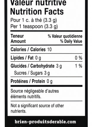This image shows the bilingual nutrition facts label for Brien Authentique maple sugar shaker.  The label is presented in a clean black-and-white format and includes serving size per 1 teaspoon (3.3 g), calories, fat, carbohydrate, sugars, protein, and source information, along with the brand websites brien-produitsderable.com and brien-maplesweets.com.  This image is useful for customers who want to review the maple sugar nutrition information before purchasing.