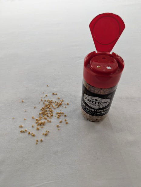 This image shows a Brien Authentique maple sugar shaker with the red flip-top lid open beside a small spill of coarse maple sugar crystals on a light surface.  The shaker stands upright with the front label partially visible, helping illustrate how the product is dispensed and used.  This lifestyle-style image is helpful for showing the texture of the maple sugar and how it can be sprinkled onto foods and drinks.
