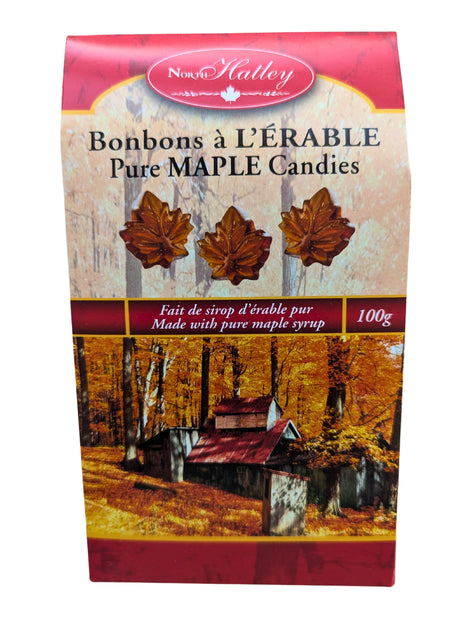 Front view of a 100 g package of Canadian hard maple candies made with pure maple syrup, featuring maple-leaf-shaped candies on the bilingual packaging. Made in Canada, these traditional maple sweets offer a distinctly Canadian maple candy experience.