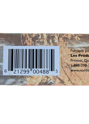 Package detail from the Canadian hard maple candies showing the Made in Canada maple-leaf symbol, manufacturer information and UPC barcode. The 100 g maple candy product is identified as Canadian-made and packaged for retail sale.