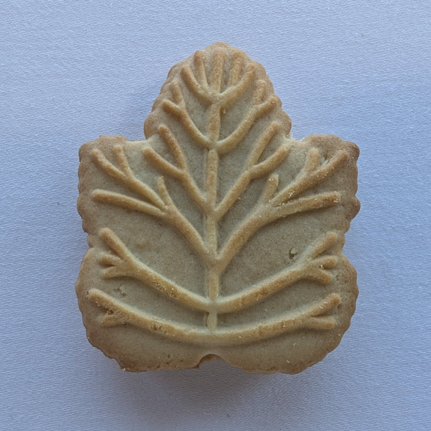 Close-up of an individual Canadian maple cream cookie showing its maple-leaf shape, embossed leaf pattern and golden baked surface. These Canadian sandwich cookies are made with pure maple syrup and feature a decorative maple leaf design associated with traditional Canadian maple treats.