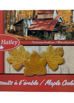 Front view of a 400 g box of Canadian maple cream cookies featuring maple-leaf-shaped sandwich cookies on the bilingual package. Made in Canada with pure maple syrup, these maple cookies are a classic Canadian sweet treat with a distinctly Canadian maple presentation.