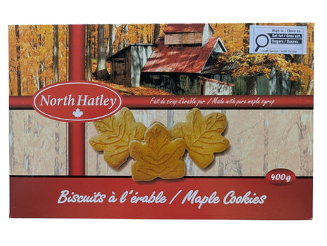 Front view of a 400 g box of Canadian maple cream cookies featuring maple-leaf-shaped sandwich cookies on the bilingual package. Made in Canada with pure maple syrup, these maple cookies are a classic Canadian sweet treat with a distinctly Canadian maple presentation.