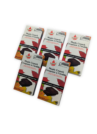 Five Maple Crunch dark chocolate bars arranged in an angled display.  Angled group display of five Canadian Maple Crunch Dark Chocolate Bars showing the consistent retail packaging from multiple viewing angles.