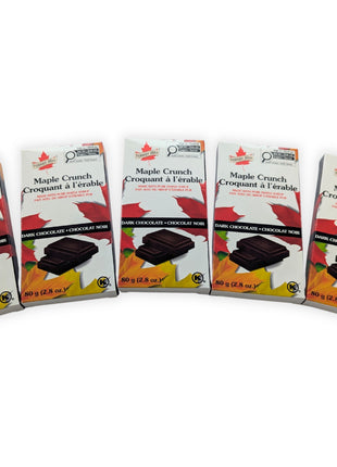 Five Canadian Maple Crunch dark chocolate bars displayed together on a white background.  Five Canadian Maple Crunch Dark Chocolate Bars arranged together to showcase multiple retail packages, ideal for gift giving, stocking up, or retail display.