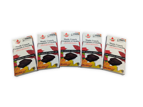 Five Canadian Maple Crunch dark chocolate bars displayed together on a white background.  Five Canadian Maple Crunch Dark Chocolate Bars arranged together to showcase multiple retail packages, ideal for gift giving, stocking up, or retail display.