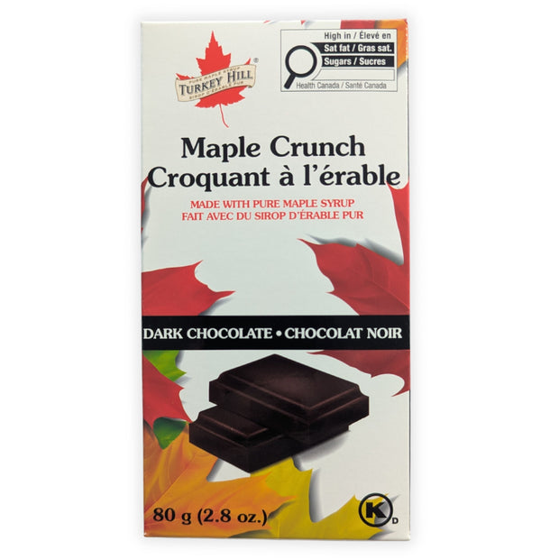 Canadian Maple Crunch dark chocolate bar made with pure maple syrup, shown from the front in its retail packaging on a white background.  Front view of the Canadian Maple Crunch Dark Chocolate Bar featuring premium dark chocolate infused with pure Canadian maple syrup. Product shown in its retail packaging against a clean white background for accurate representation.