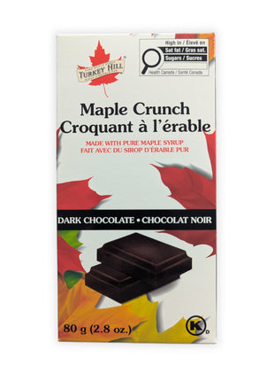 Canadian Maple Crunch dark chocolate bar made with pure maple syrup, shown from the front in its retail packaging on a white background.  Front view of the Canadian Maple Crunch Dark Chocolate Bar featuring premium dark chocolate infused with pure Canadian maple syrup. Product shown in its retail packaging against a clean white background for accurate representation.