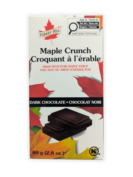 Canadian Maple Crunch dark chocolate bar made with pure maple syrup, shown from the front in its retail packaging on a white background.  Front view of the Canadian Maple Crunch Dark Chocolate Bar featuring premium dark chocolate infused with pure Canadian maple syrup. Product shown in its retail packaging against a clean white background for accurate representation.