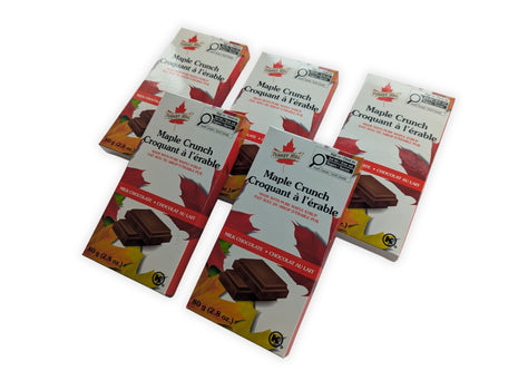 Five Canadian Maple Crunch milk chocolate bars made with pure Canadian maple syrup arranged in an angled display. Product of Canada maple chocolate gift.  Displaying multiple bars together highlights this authentic Canadian maple chocolate collection, making it ideal for sharing, gifting, or stocking your pantry.