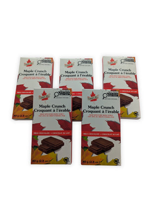 Five Canadian Maple Crunch milk chocolate bars made with pure maple syrup displayed in a staggered arrangement showing the front packaging. Canadian maple chocolate gift.  Crafted in Canada using pure maple syrup, these creamy milk chocolate bars deliver a smooth chocolate experience with a naturally rich maple flavour.