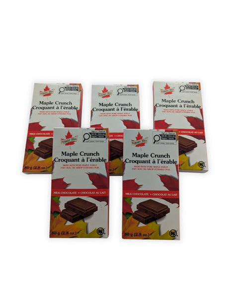 Five Canadian Maple Crunch milk chocolate bars made with pure maple syrup displayed in a staggered arrangement showing the front packaging. Canadian maple chocolate gift.  Crafted in Canada using pure maple syrup, these creamy milk chocolate bars deliver a smooth chocolate experience with a naturally rich maple flavour.