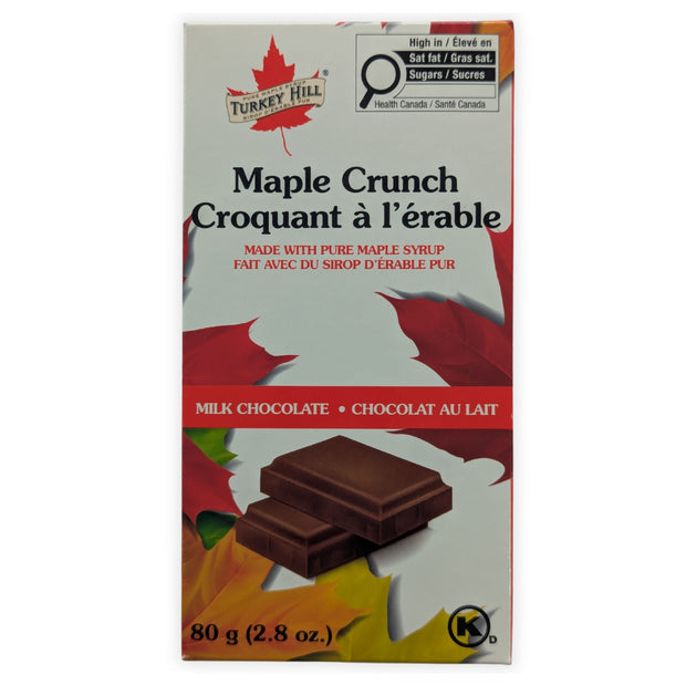 Canadian Maple Crunch milk chocolate bar made with pure Canadian maple syrup. Product of Canada maple chocolate in 80 g retail packaging.   The front packaging clearly displays the authentic Canadian branding and bilingual labeling for this maple chocolate bar.