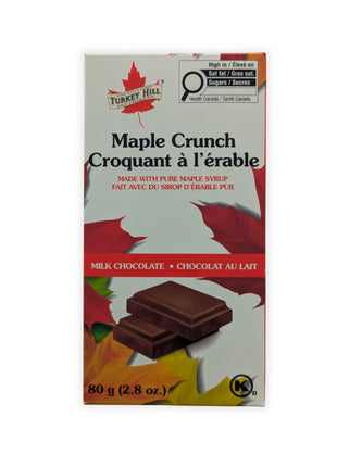 Canadian Maple Crunch milk chocolate bar made with pure Canadian maple syrup. Product of Canada maple chocolate in 80 g retail packaging.  The front packaging clearly displays the authentic Canadian branding and bilingual labeling for this maple chocolate bar.