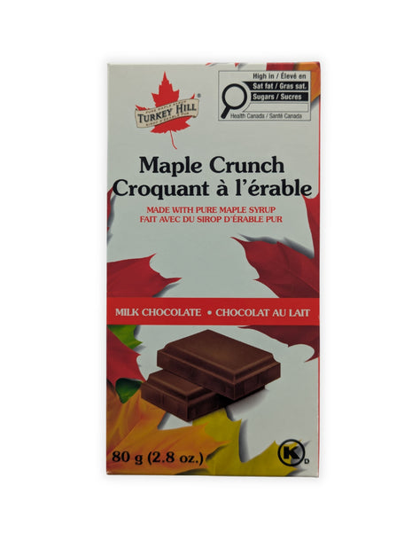 Canadian Maple Crunch milk chocolate bar made with pure Canadian maple syrup. Product of Canada maple chocolate in 80 g retail packaging.  The front packaging clearly displays the authentic Canadian branding and bilingual labeling for this maple chocolate bar.