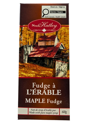 Front view of a 60 g box of Canadian maple fudge made with pure maple syrup, featuring traditional maple-themed bilingual packaging. Made in Canada, this creamy maple fudge combines maple syrup, cream and butter for a rich Canadian maple confection.
