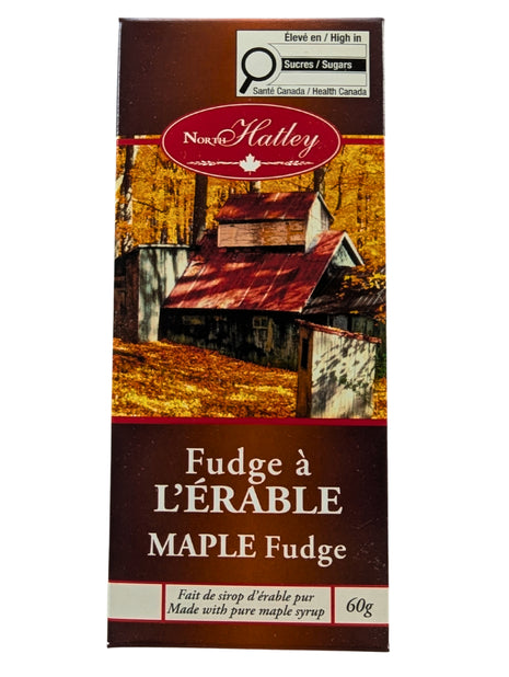 Front view of a 60 g box of Canadian maple fudge made with pure maple syrup, featuring traditional maple-themed bilingual packaging. Made in Canada, this creamy maple fudge combines maple syrup, cream and butter for a rich Canadian maple confection.