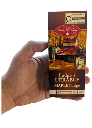 A 60 g box of Canadian maple fudge held in one hand to show the size and scale of the retail package. Made in Canada with pure maple syrup, cream and butter, this compact maple fudge box is suited to Canadian food gifts, souvenirs and sweet treats.