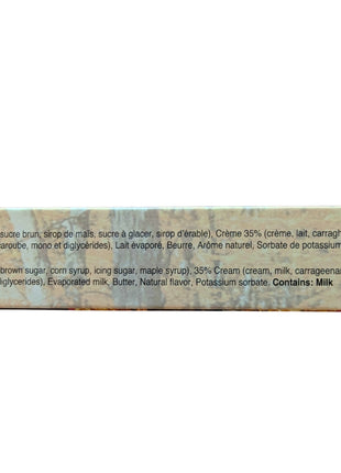 Bilingual ingredients panel for Canadian maple fudge listing sugars including maple syrup, along with cream, evaporated milk, butter, natural flavour and other ingredients. The package identifies milk as an allergen, providing important ingredient information for shoppers considering this Canadian maple fudge.