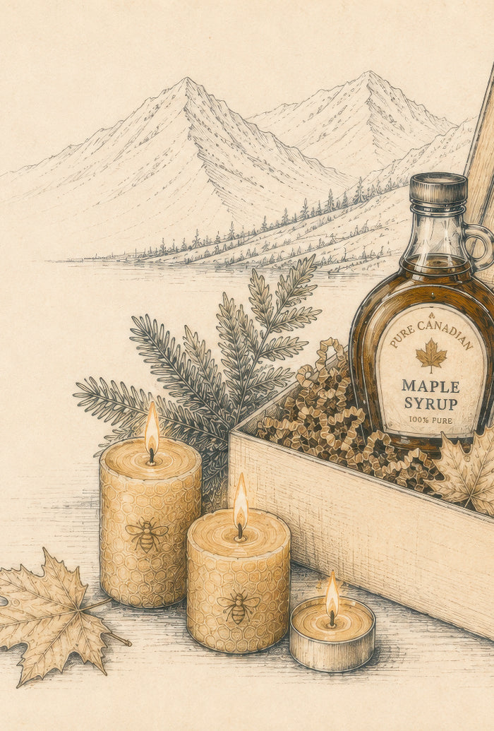 An illustrated Canadian gift box with pure maple syrup, maple dark chocolate, beeswax candles, crinkle paper, evergreen branches, maple leaves and a mountain landscape. LOONMOON Canadian maple gifts and beeswax gift boxes feature thoughtfully selected Canadian products for gifting in Canada and worldwide.