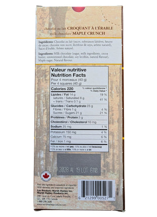 Back of the Canadian Milk Chocolate Maple Crunch package showing bilingual ingredients, Nutrition Facts, best-before information and barcode. The 100 g milk chocolate bar contains maple sugar and is made in Canada.