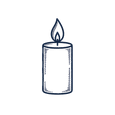 Blue line-art candle icon with a simple flame, drawn in a hand-sketched style on a dark background.