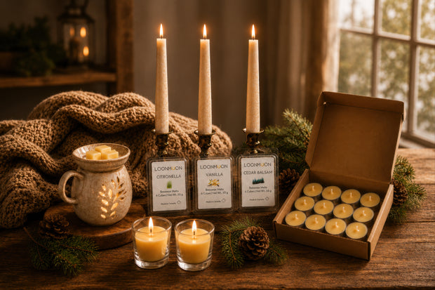Canadian beeswax candle collection with tapers, votives, tealights, scented wax melts, and gift box on a rustic wood table.