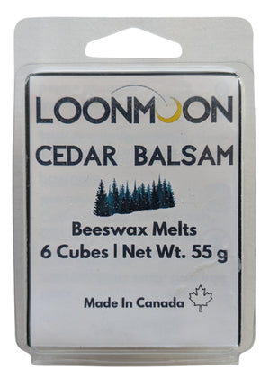 LOONMOON Cedar Balsam beeswax melts presented in a single clear clamshell package on a white background with the scent label fully visible.  This clean product image highlights the cedar balsam scent, six cubes, 55 g net weight, and Canadian-made packaging for the individual listing.