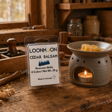 LOONMOON Cedar Balsam beeswax wax melts beside a glowing ceramic warmer on a rustic woodshop bench.