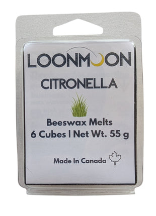 LOONMOON Citronella beeswax melts displayed in a single clear clamshell package on a clean white background.  The label shows the citronella scent, six cubes, and 55 g net weight, creating a simple product-focused image for the individual wax melt listing.