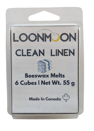 LOONMOON Clean Linen beeswax melts presented in a single clear clamshell package on a white background with the scent name and product details clearly visible.  This image highlights the individual Clean Linen wax melt package in a simple, easy-to-shop format.